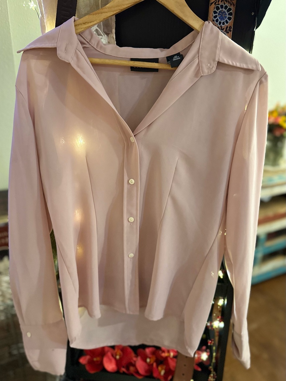 New York & Company vintage Pink Button-Front Long Sleeve Blouse